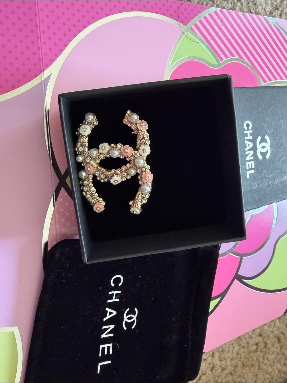 Chanel CC Logo Floral Pearl Rhinestone Brooch - Pink, White, Gold - Picture 3 of 9